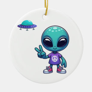 Cute Peace Alien & Space Ship Ceramic Tree Decoration