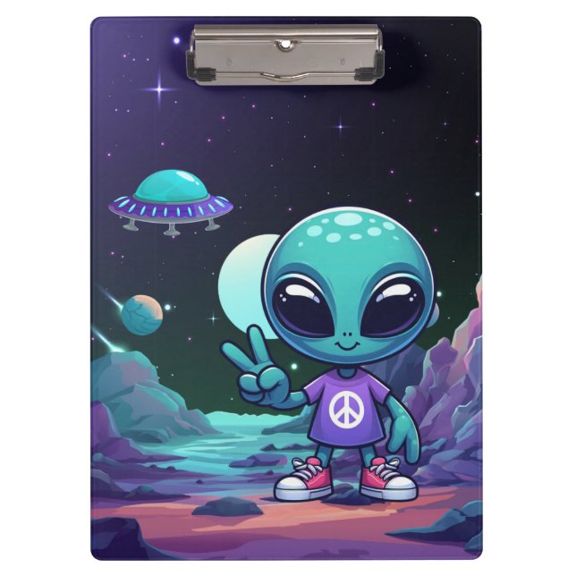 Cute Peace Alien & Space Ship Clipboard (Front)