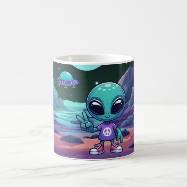 Cute Peace Alien & Space Ship Coffee Mug (Center)