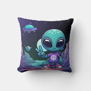 Cute Peace Alien & Space Ship Cushion