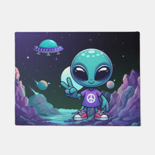 Cute Peace Alien & Space Ship Doormat