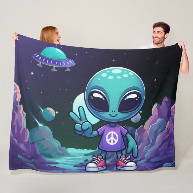 Cute Peace Alien & Space Ship Fleece Blanket (In Situ)
