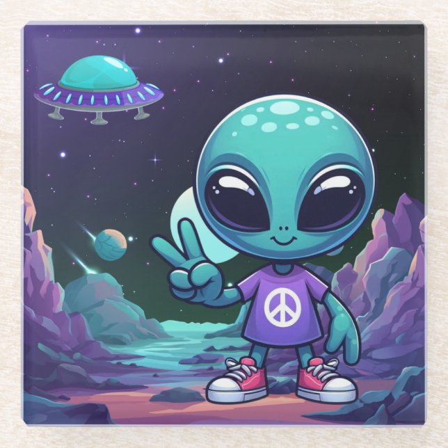 Cute Peace Alien & Space Ship Glass Coaster (Front)