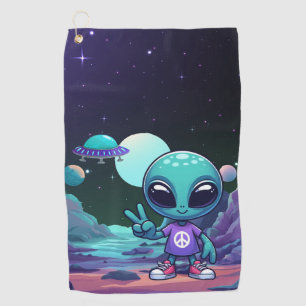 Cute Peace Alien & Space Ship Golf Towel