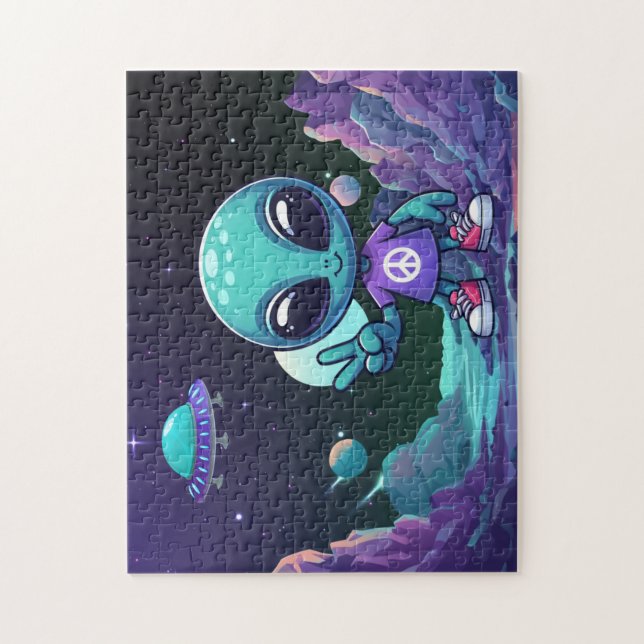 Cute Peace Alien & Space Ship Jigsaw Puzzle (Vertical)