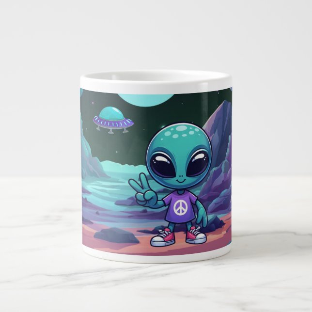 Cute Peace Alien & Space Ship Large Coffee Mug (Front)