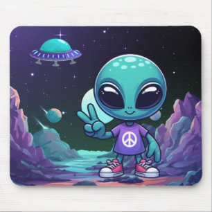 Cute Peace Alien & Space Ship Mouse Mat