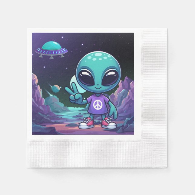 Cute Peace Alien & Space Ship Napkin (Front)