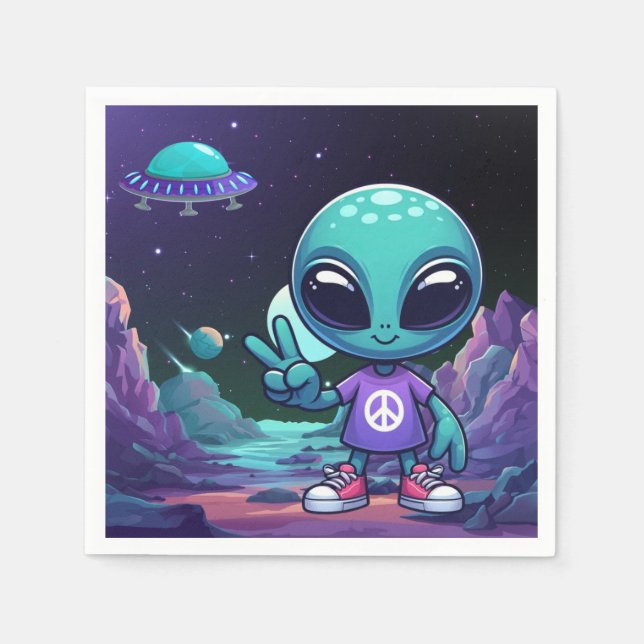 Cute Peace Alien & Space Ship Napkin (Front)