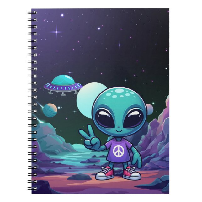 Cute Peace Alien & Space Ship Notebook (Front)
