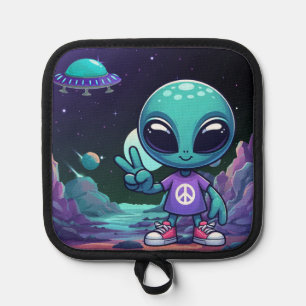 Cute Peace Alien & Space Ship Pot Holder