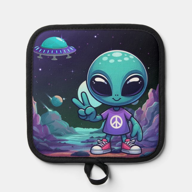 Cute Peace Alien & Space Ship Pot Holder (Front)