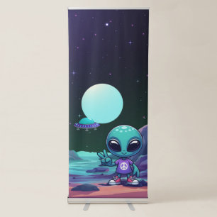 Cute Peace Alien & Space Ship Retractable Banner