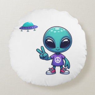 Cute Peace Alien & Space Ship Round Cushion