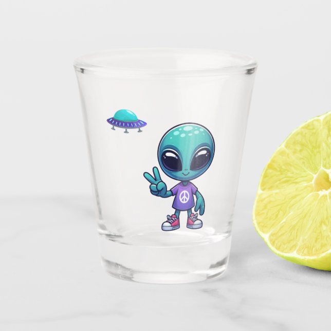 Cute Peace Alien & Space Ship Shot Glass (Front)