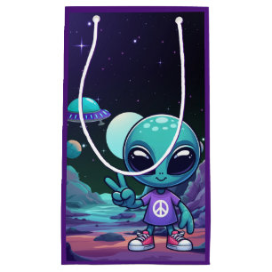 Cute Peace Alien & Space Ship Small Gift Bag