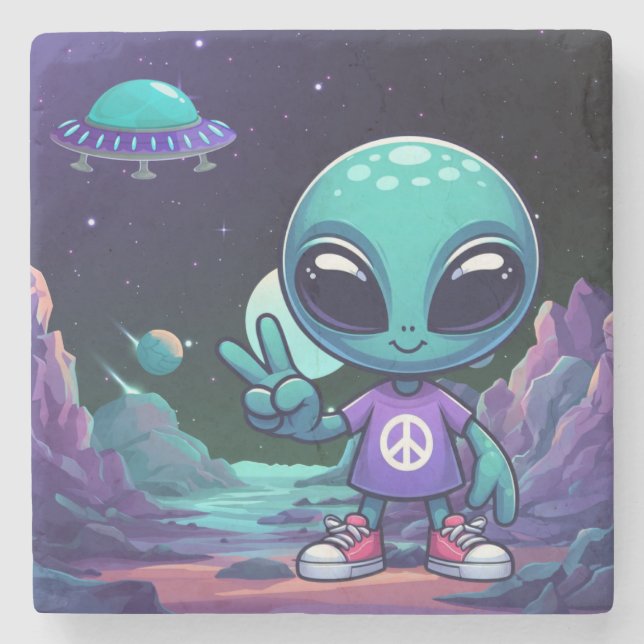 Cute Peace Alien & Space Ship Stone Coaster (Front)