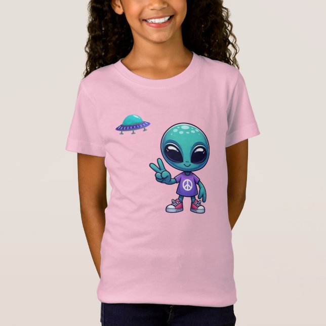 Cute Peace Alien & Space Ship T-Shirt (Front)