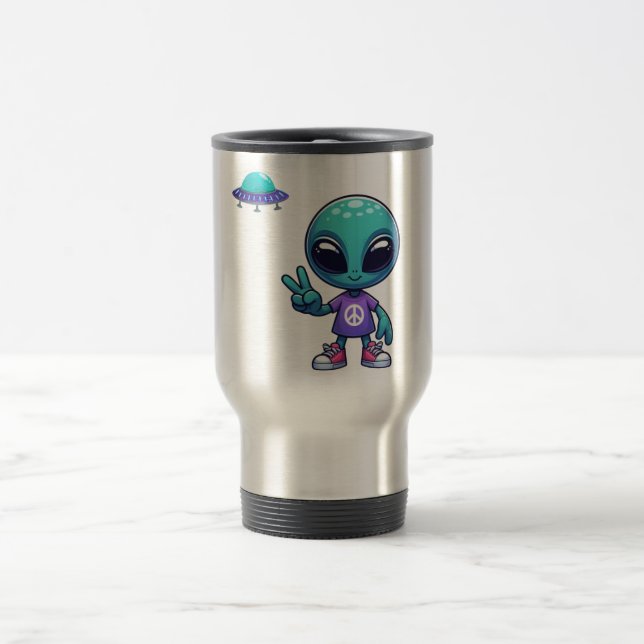 Cute Peace Alien & Space Ship Travel Mug (Center)