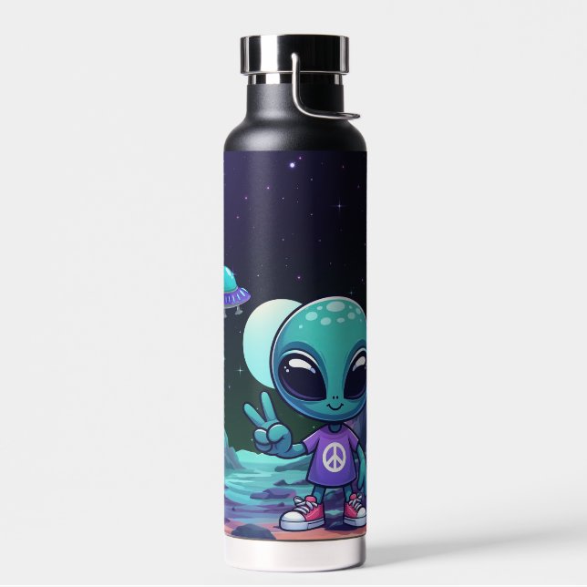 Cute Peace Alien & Space Ship Water Bottle (Left)