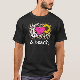 Cute Peace Love Teach Leopard Print Sunflower Pink T-Shirt