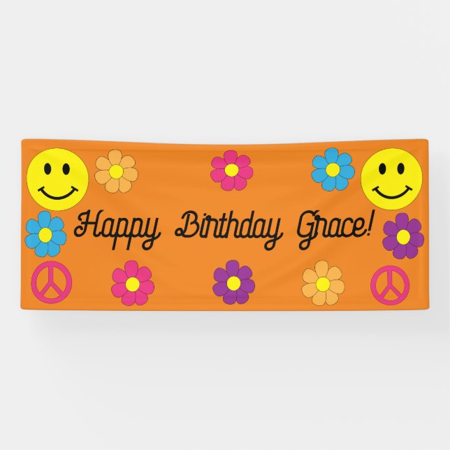 Cute Peace Sign Smile Face Happy Birthday Banner (Horizontal)