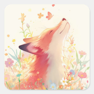 Cute Peaceful Red Fox in Colourful Wildflower Square Sticker