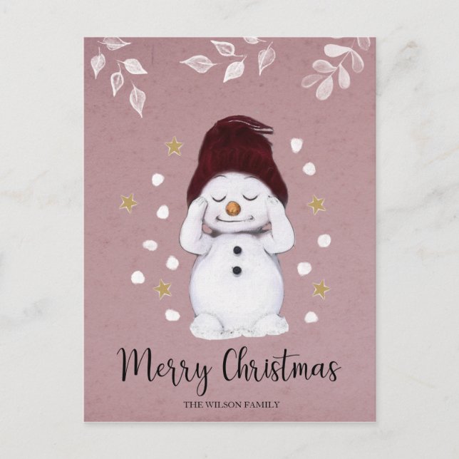 Cute Peaceful Snowman Pink Christmas Holiday (Front)