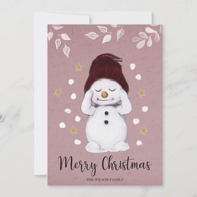 Cute Peaceful Snowman Pink Christmas Holiday Card (Front)