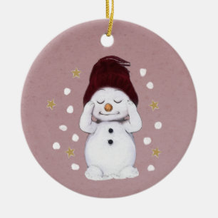Cute Peaceful Snowman Pink Christmas Holiday Ceramic Tree Decoration