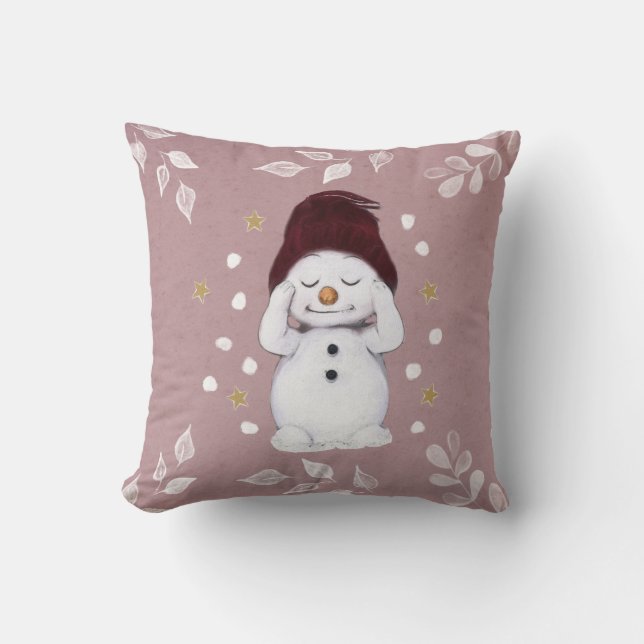 Cute Peaceful Snowman Pink Christmas Holiday Cushion (Front)