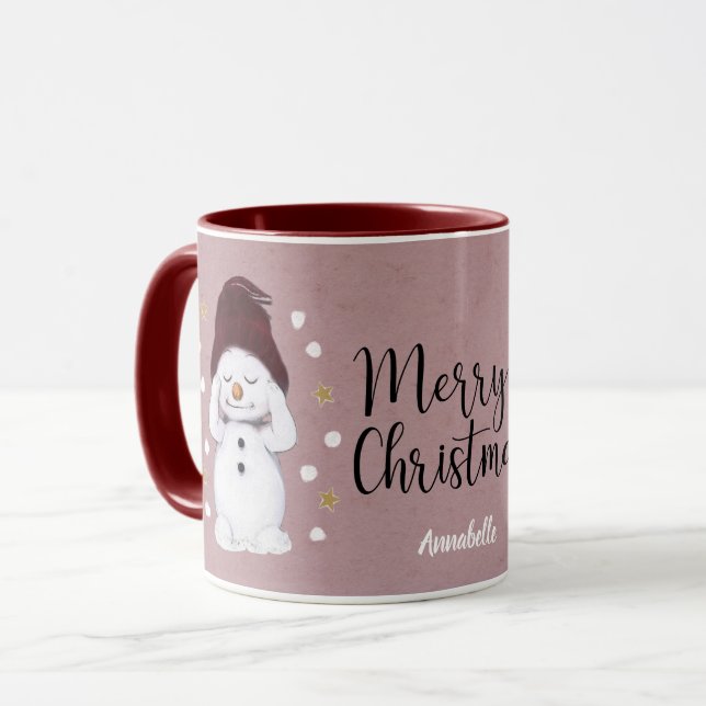 Cute Peaceful Snowman Pink Christmas Holiday Mug (Front Left)