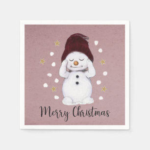 Cute Peaceful Snowman Pink Christmas Holiday Napkin