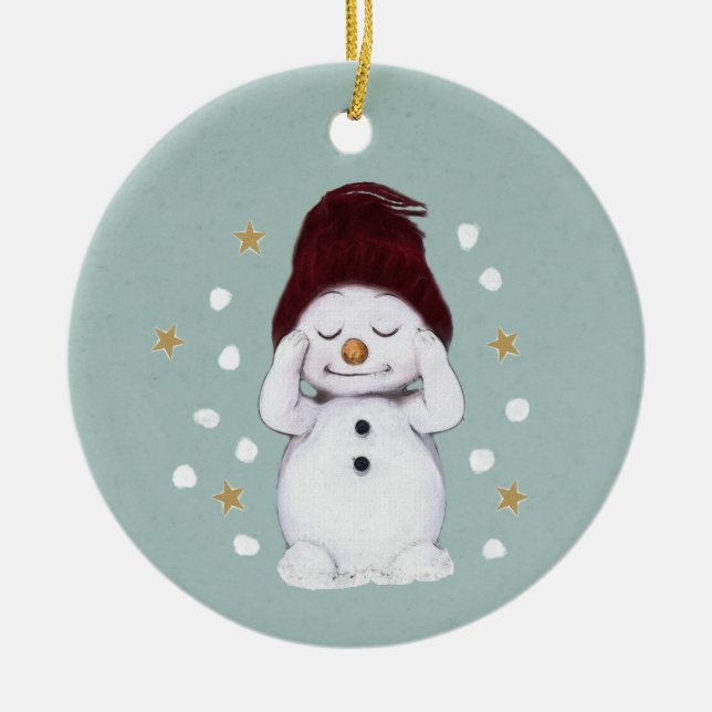 Cute Peaceful Snowman Winter Blue Christmas Ceramic Tree Decoration (Front)