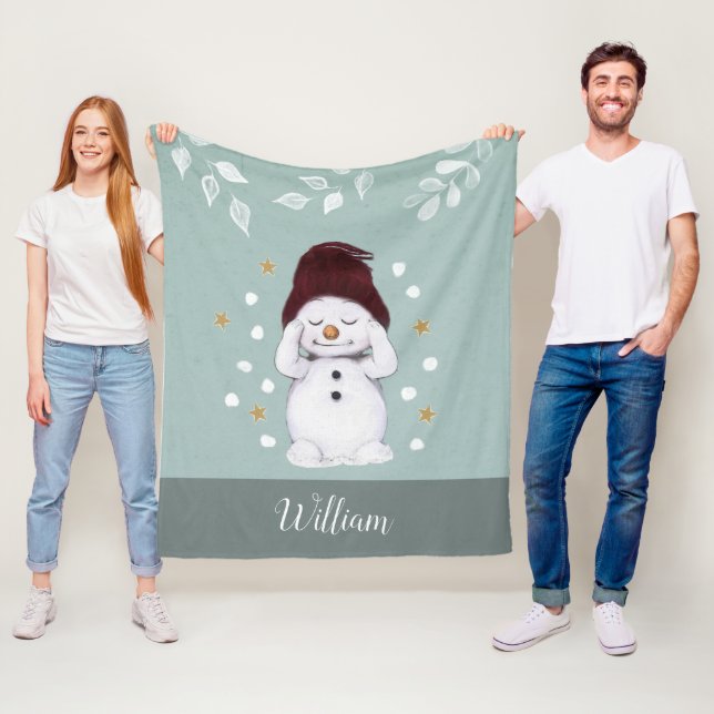 Cute Peaceful Snowman Winter Blue Christmas Fleece Blanket (In Situ)