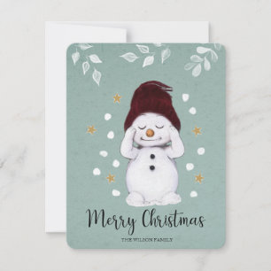 Cute Peaceful Snowman Winter Blue Christmas Holiday Card