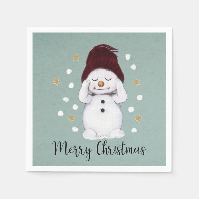 Cute Peaceful Snowman Winter Blue Christmas Napkin (Front)