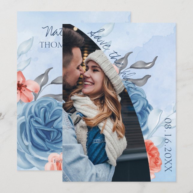 Cute Peach Blue Floral Photo Wedding Save The Date Announcement (Front/Back)