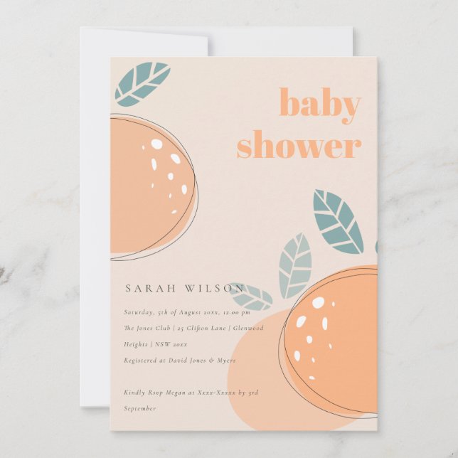 Cute Peach Blush Orange Fruity Bold Baby Shower Invitation (Front)