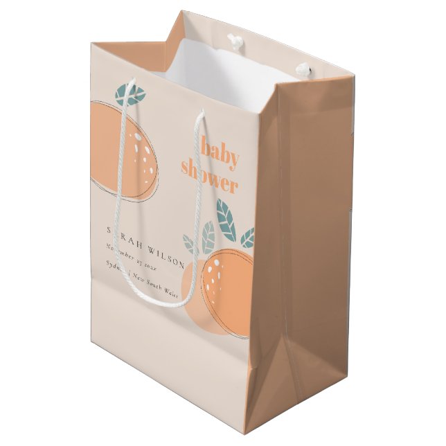 Cute Peach Blush Orange Fruity Bold Baby Shower Medium Gift Bag (Front Angled)