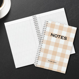 Cute Peach Buffalo Check Monogram Name Notebook