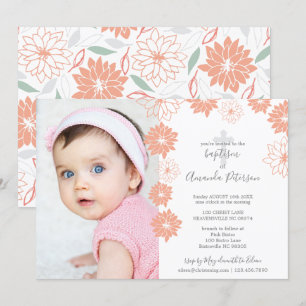 Cute Peach Floral Pattern Cross Girl Baptism Invitation