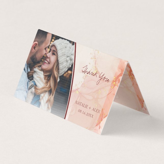 Cute Peach Gold Marble Photo Wedding Thank You (Front)