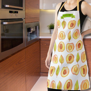 Cute Peach Halves Green Leaves Design Custom Name Apron