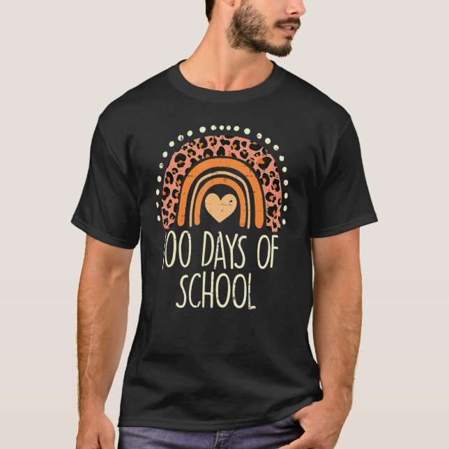 Cute Peach Leopard Rainbow 100 Days School 100th D T-Shirt (Front)