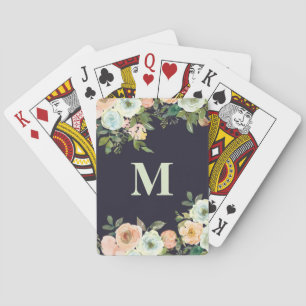 Cute Peach Mint Flowers Black Monogram Initial Playing Cards