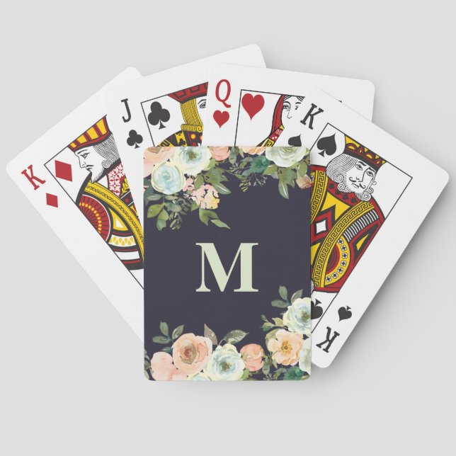Cute Peach Mint Flowers Black Monogram Initial Playing Cards (Back)