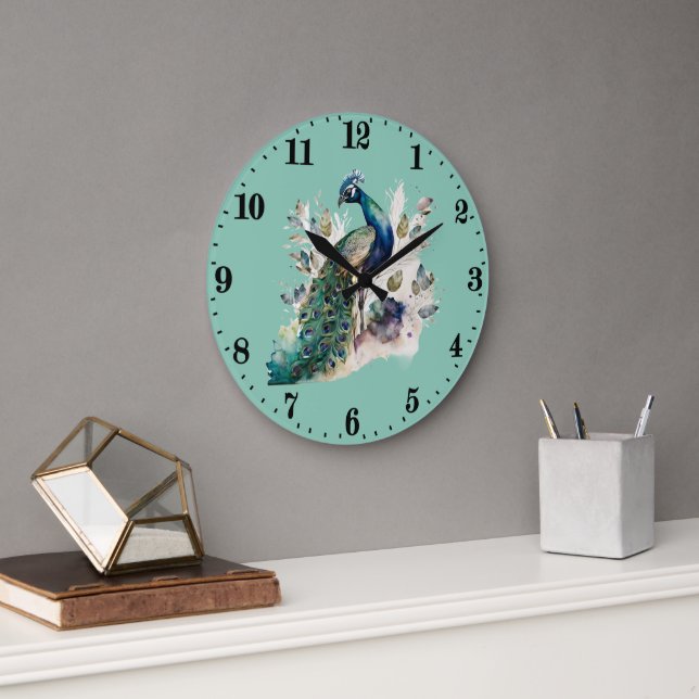cute peacock bird lovers  large clock (Office)