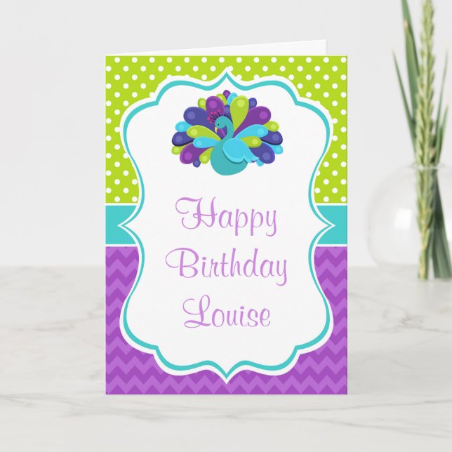 Cute Peacock Green and Purple Birthday  Card (Front)