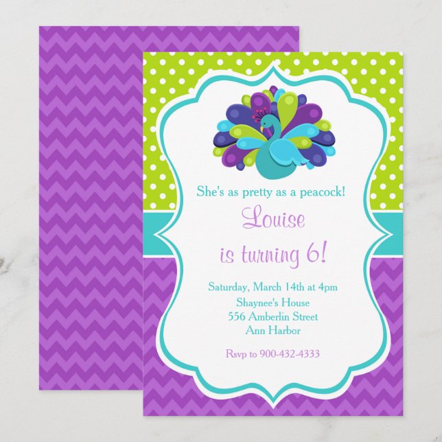 Cute Peacock Green and Purple Birthday Invitation (Front/Back)